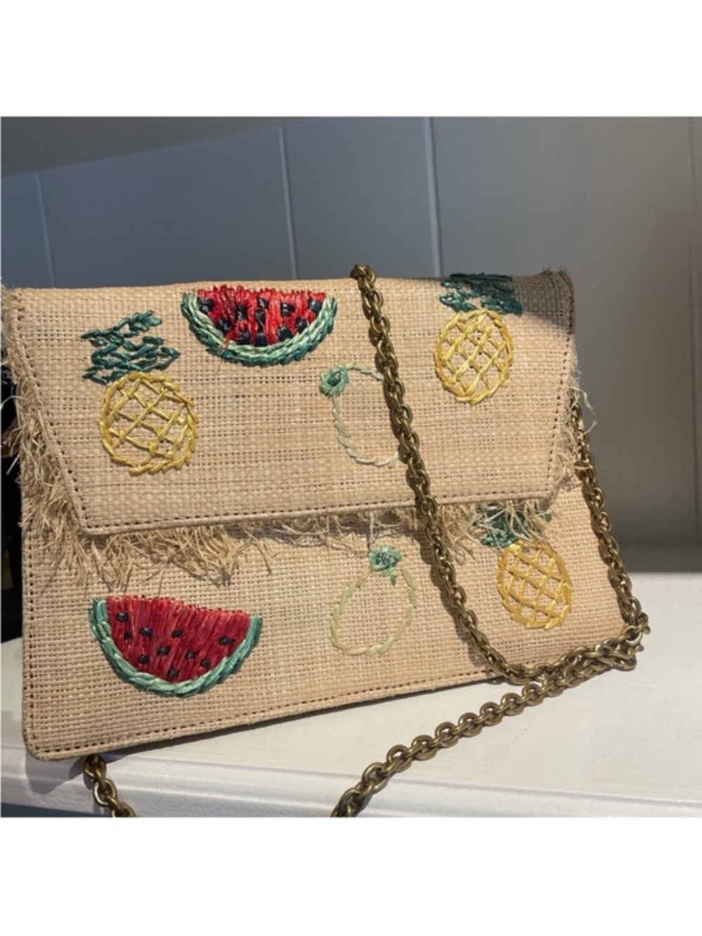 J Crew Fruit Raffia Crossbody Bag Watermelon Pineapple Cream Tan